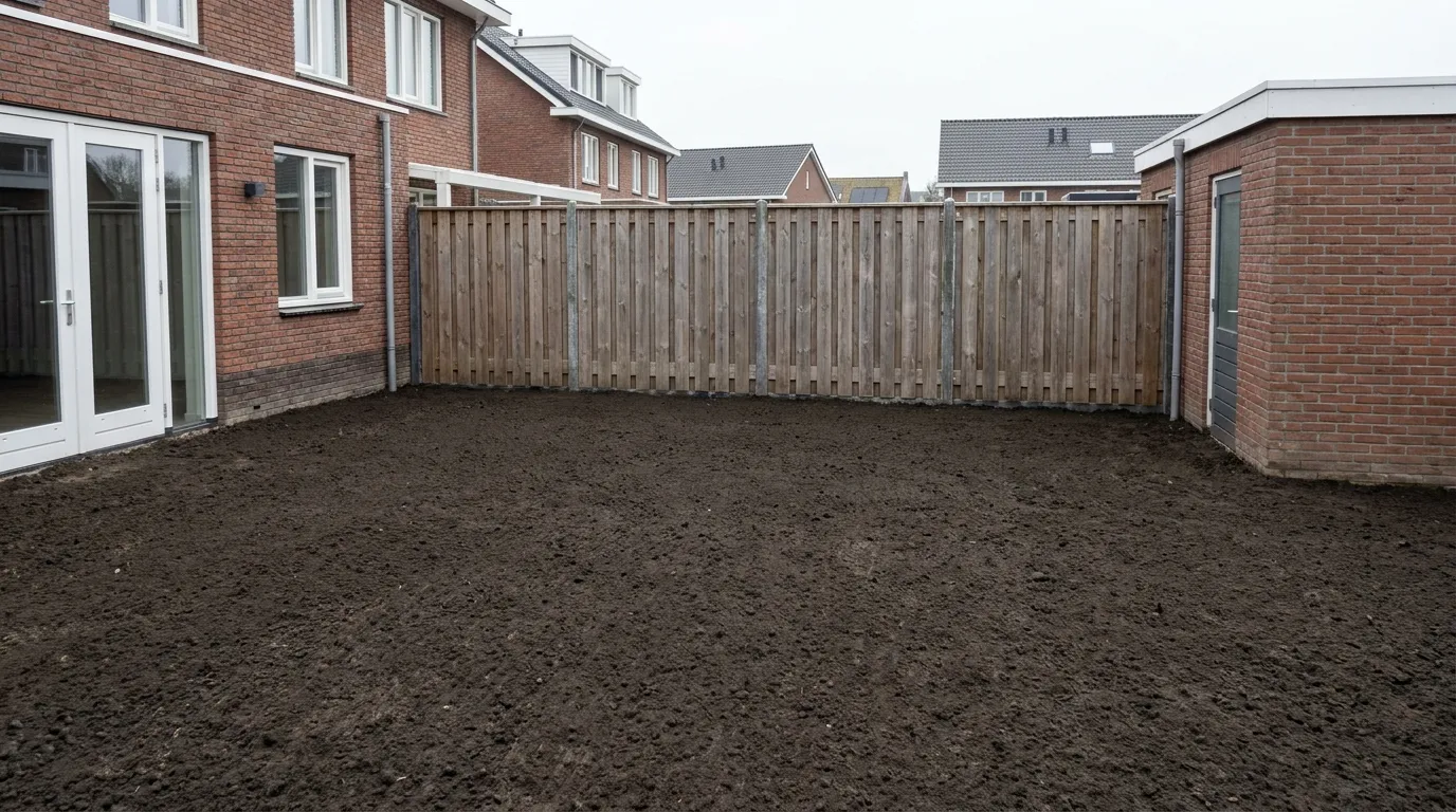 Een volledig leeggehaalde en geëgaliseerde tuin, bouwrijp opgeleverd door OriGardens