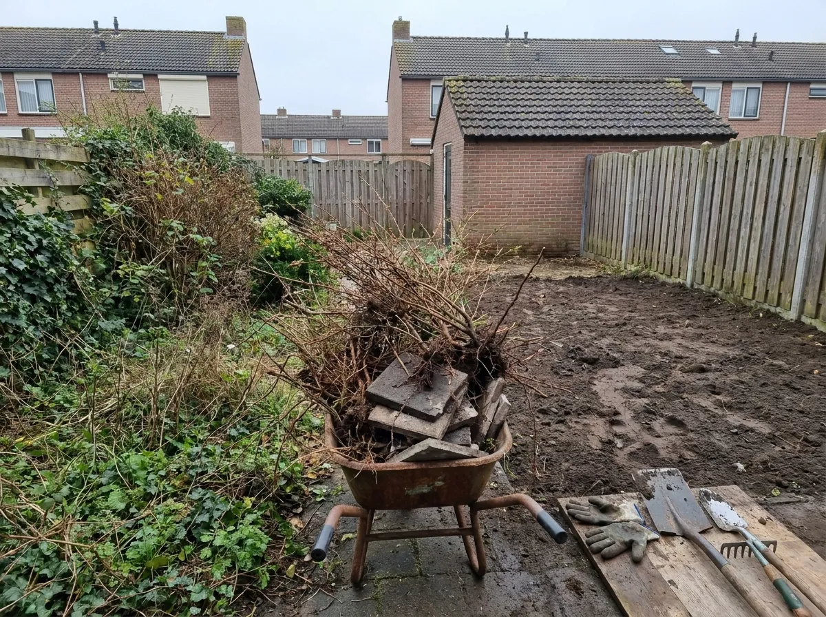 Tuin leeghalen in uitvoering: bestrating en begroeiing worden verwijderd en afgevoerd